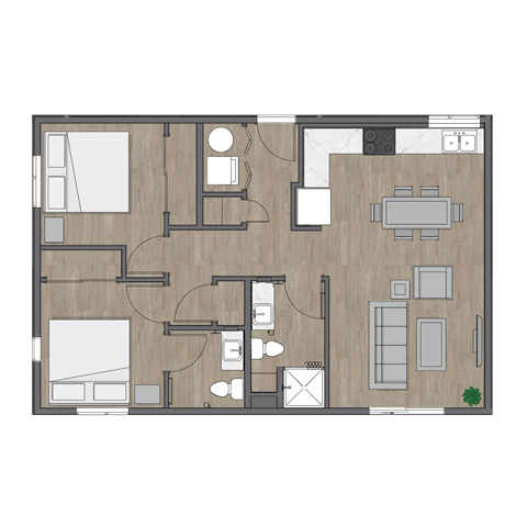 Floor plan for 2 beds, 1.5 baths, 801 sqft